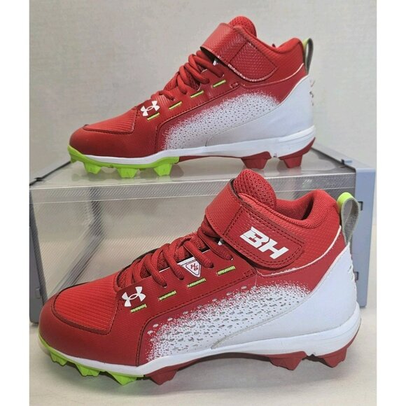 Under Armour Men's Red/ White/Hyper Green Harper 6 Mid  Baseball Cleats  Sz 6.5 - Picture 1 of 16